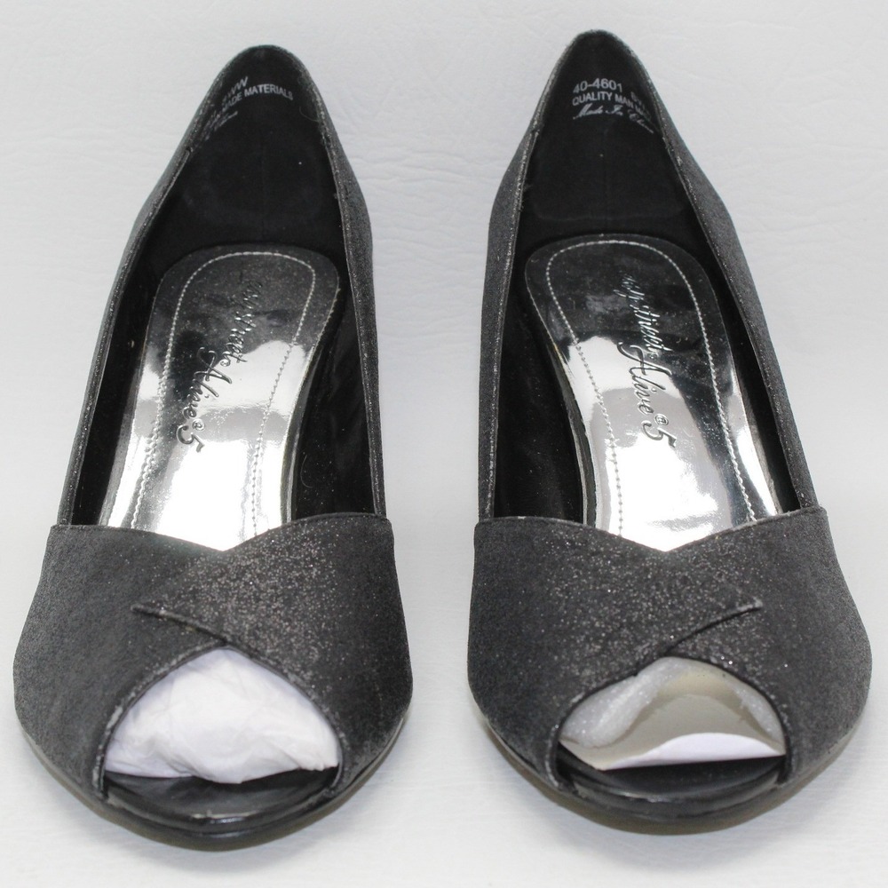 Easy Street Alive 5 Womens Black Glitter Peep Toe Pumps Heels 8WW 40-4601 NWOB